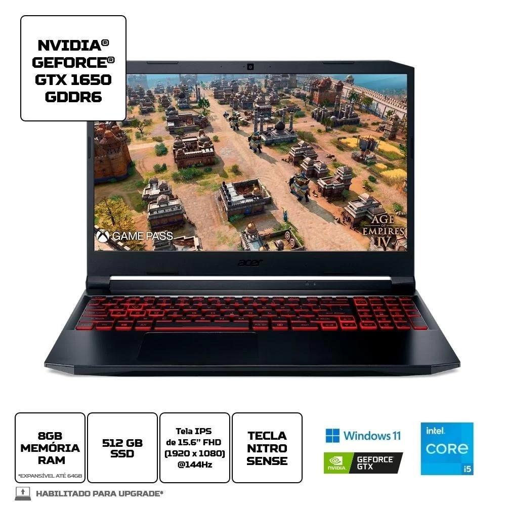 Notebook 15" Gamer Acer Nitro 5, Core i5-11400, GeFroce GTX 1650 4GB, Memória 8GB, SSD 512GB NVMe, Tela Full HD IPS 144Hz, Windows 11 ACER