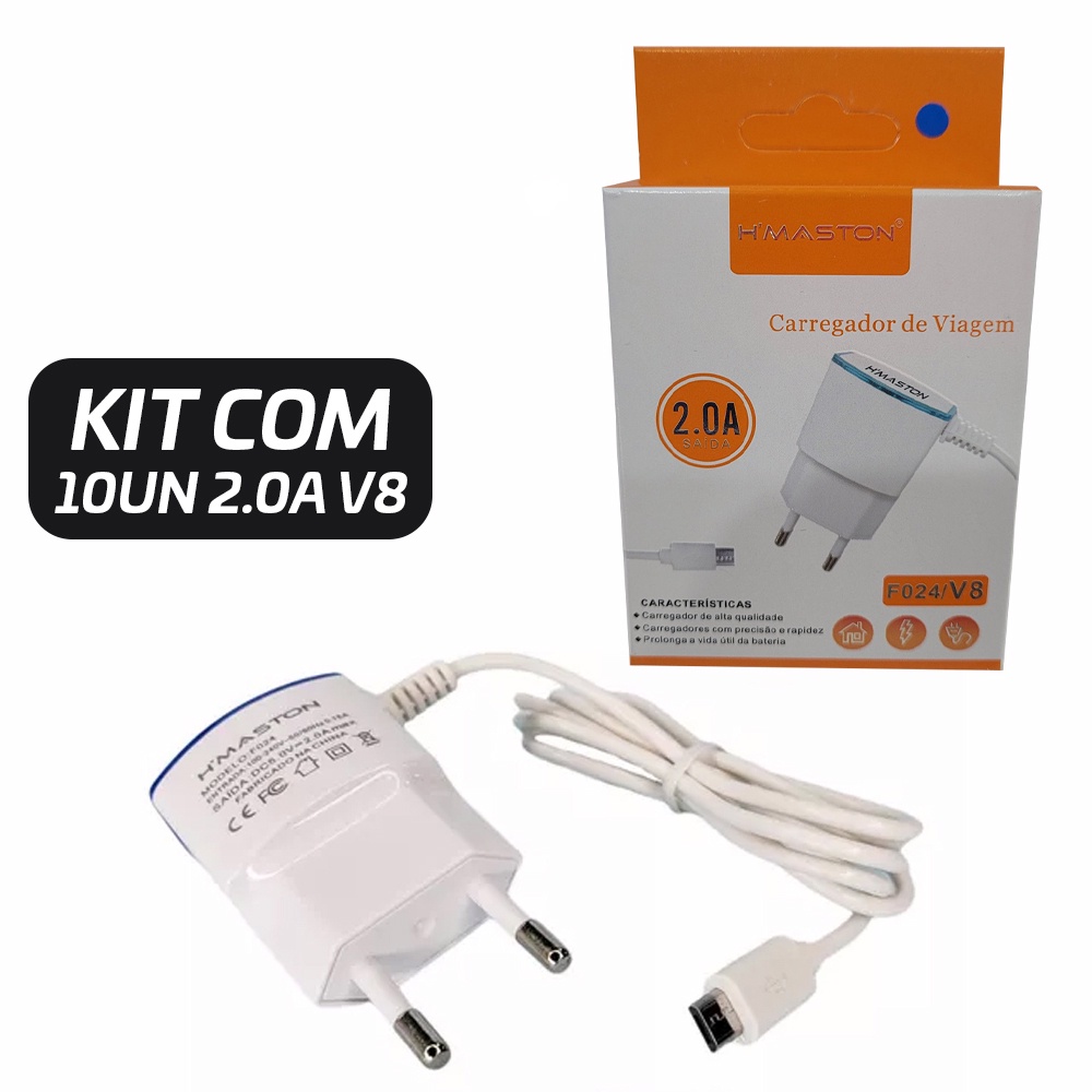 Kit 10 Carregador Barato H’Maston 2.0A  com Fio FO24