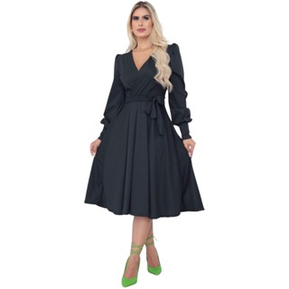 Vestido Midi Rodado De Amarrar Malha Canelada Manga Longa