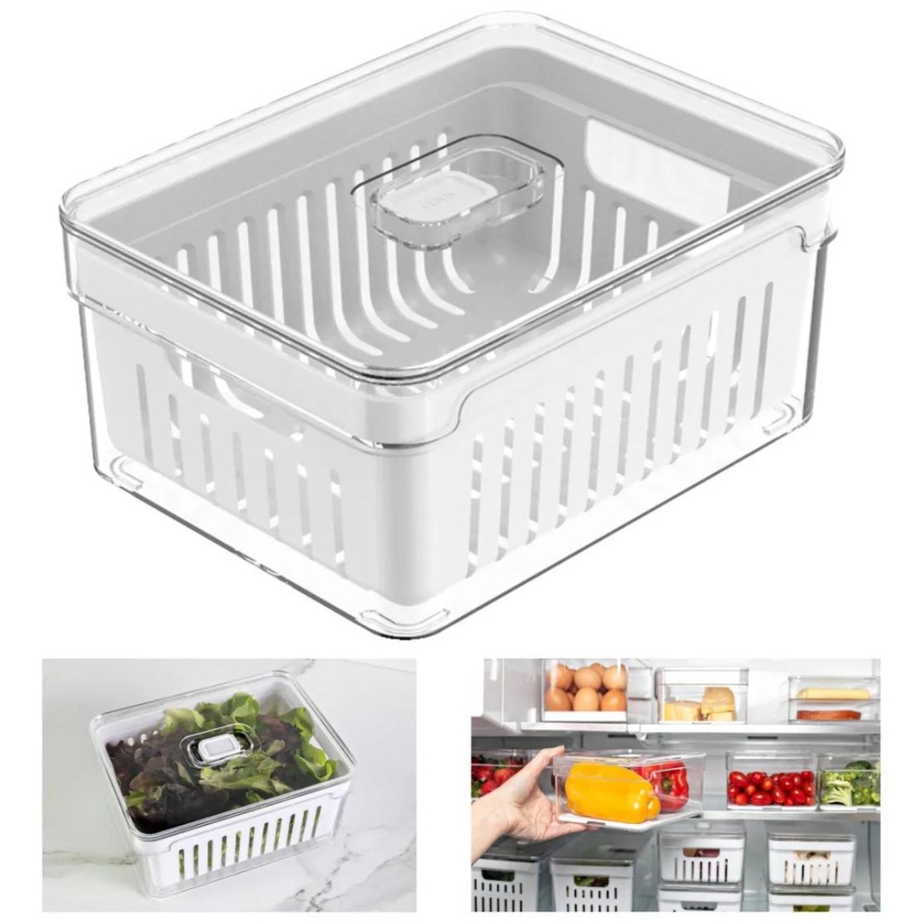 Organizador de Geladeira Clear Fresh 2.2L Bandeja Drenagem Tampa Multiuso Alimento Verduras/Vegetais