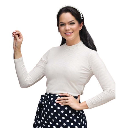 Blusa Feminina Branca Gola Alta com Pérola Sorenzza