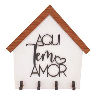 Porta Chaves Aqui Tem Amor 20x19,5 Pintado em MDF - Utilidades Decoração Enfeite Para Casa