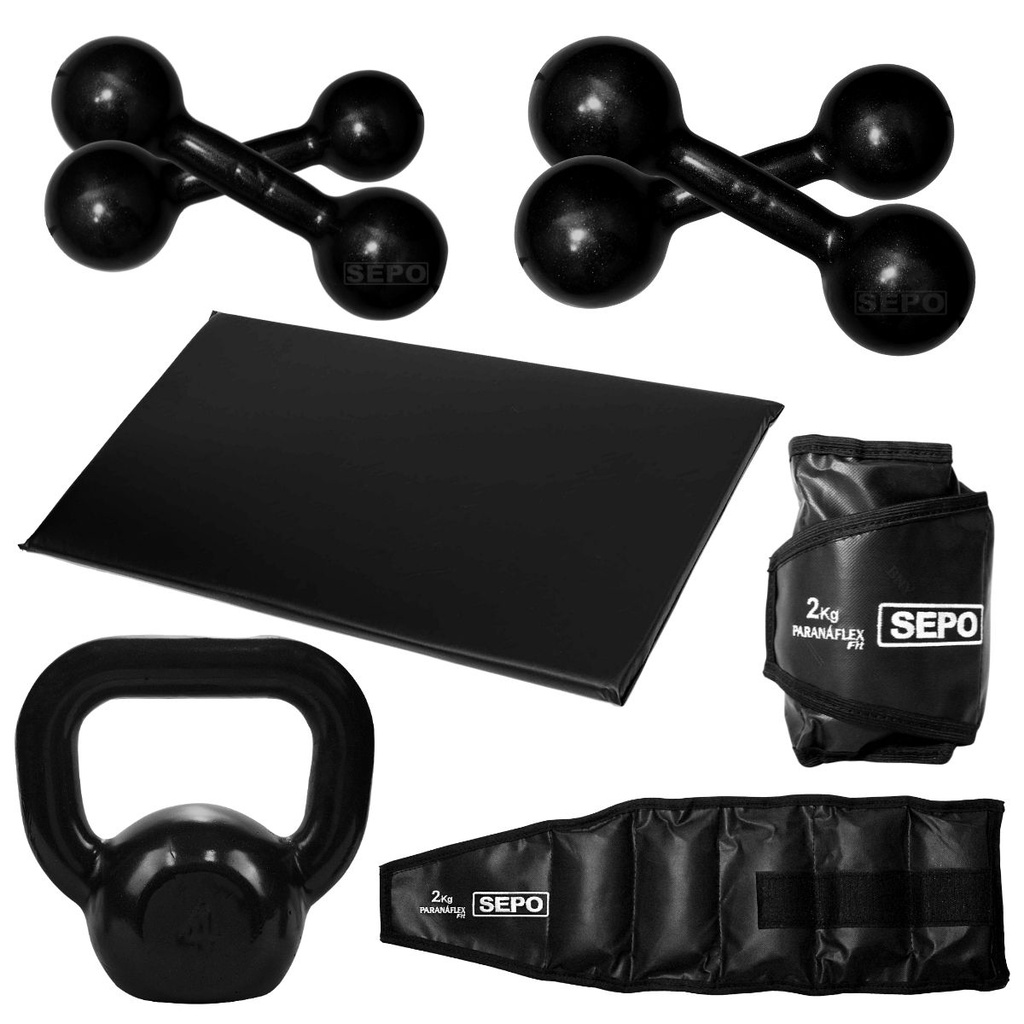 Kit Aeróbico Fitness com Halteres Par 2Kg e 3Kg + Caneleira 2Kg + Kettlebell 4Kg + Colchonete