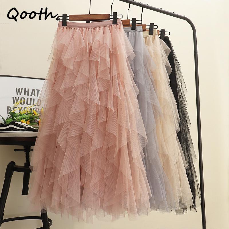 Qooth Feminino Tule Plissado Malha Saia Elegante Cintura Elástica Fada Longa A Linha Tutu Verão QT2138