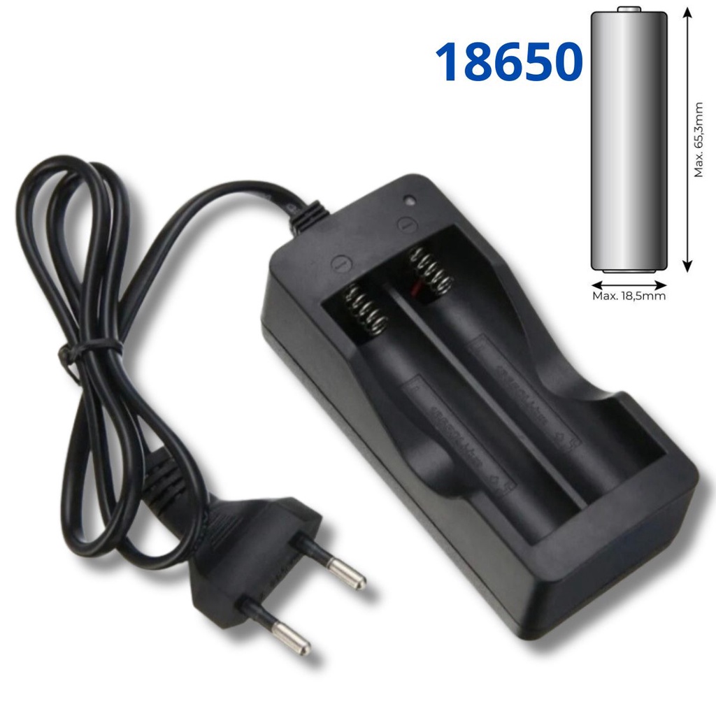 Carregador duplo para pilhas recarregáveis 18650.