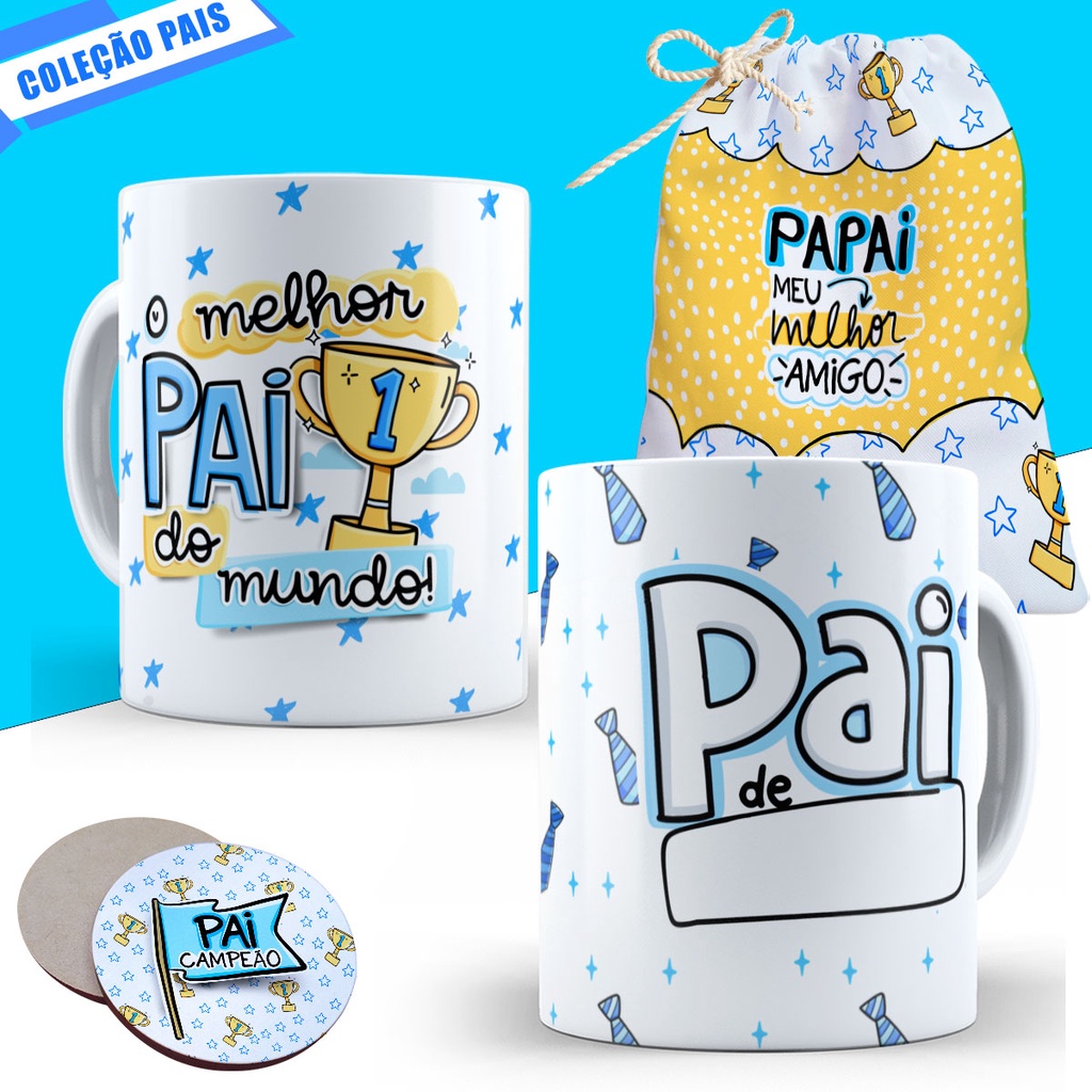 Caneca Dia dos Pais Lembrancinha Presente Pai Padrasto Personalizado Avô Avo Cesta Porta Porcelana Copo e Saquinho