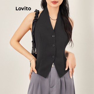 Lovito Casual Blusa Feminina Lisa Cropped Sem Mangas com Botão L53AD082 (Preta)
