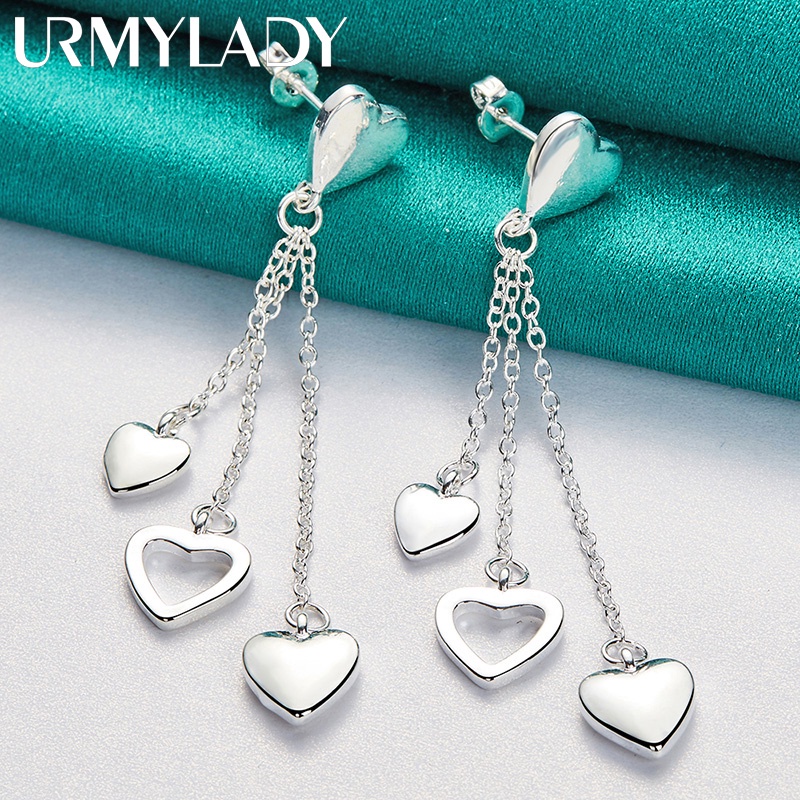 URMYLADY 925 Sterling Silver Three Heart Earrings For Women Festa De Casamento Jóias De Encanto Da Moda
