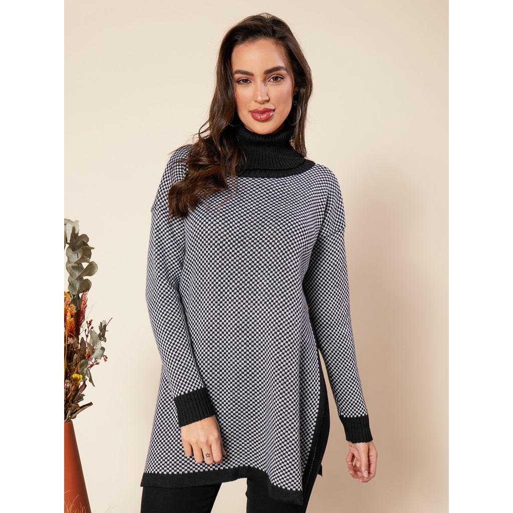 Ponche Blusa Feminino Manga Longa Tricot Ponche Gola Frio