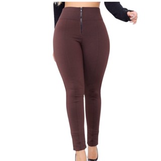 Calça legging com ziper frontal montaria flanelada cós alto bolso