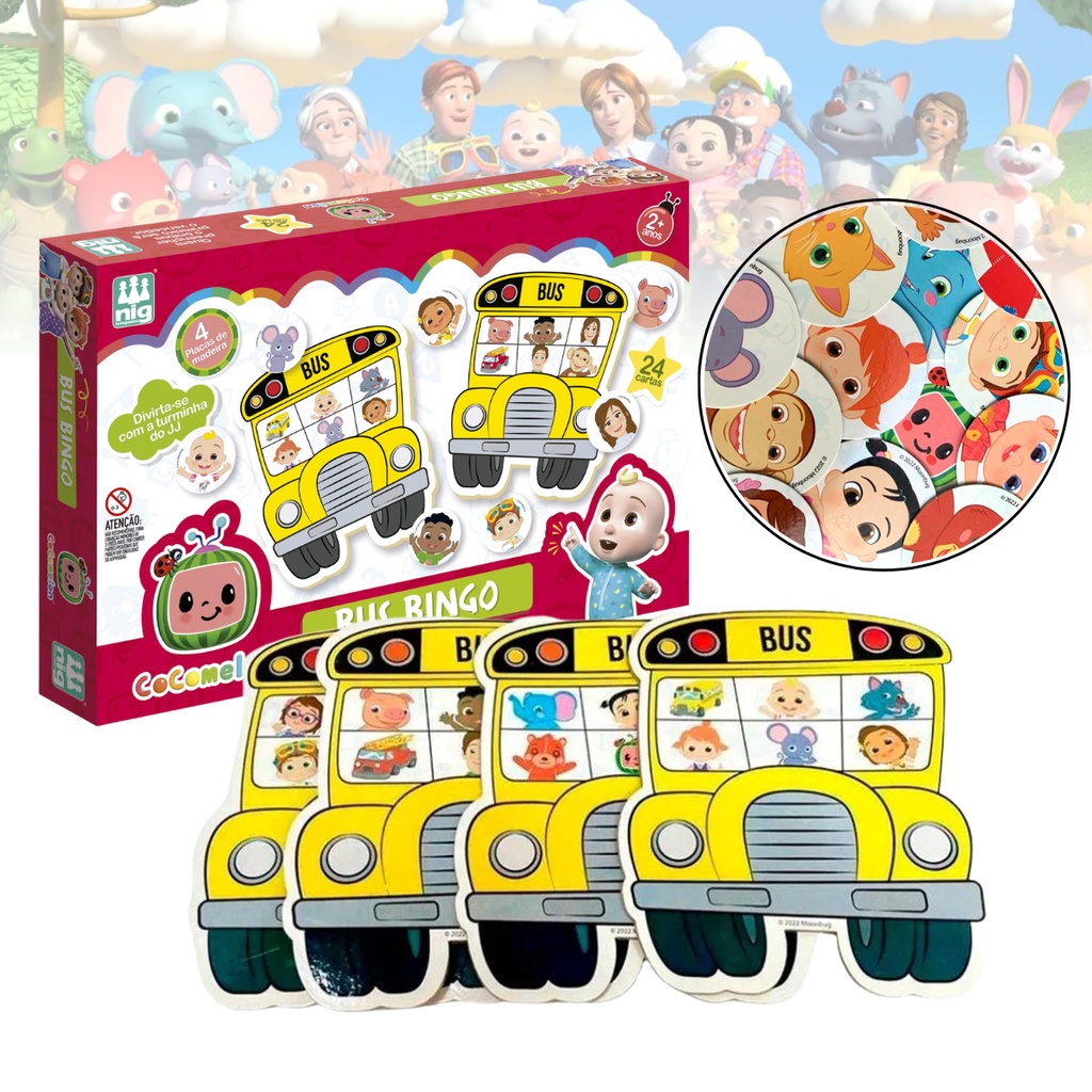 Jogo Infantil Educativo Bus Bingo Cocomelon Com Peças em Madeira Nig