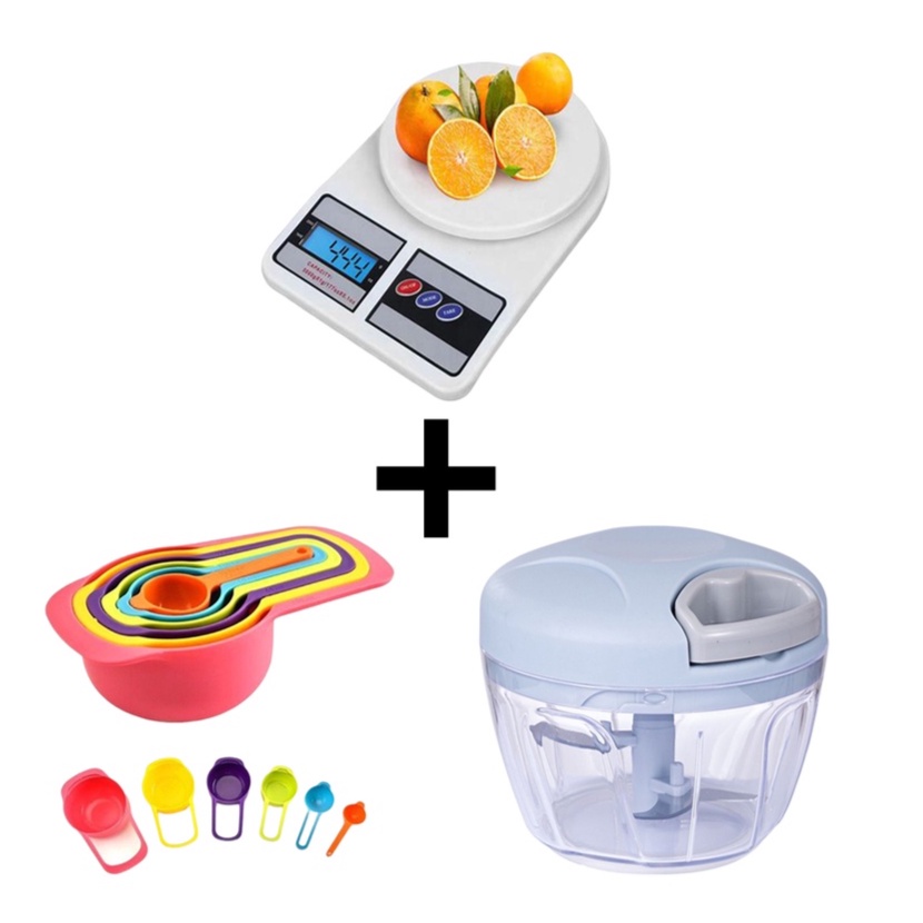Kit Com Balança Digital de Cozinha 10kg + Conjunto Colher Xicaras Medidoras + Mini Processador Triturador Manual de Alimentos - Envio Imediato