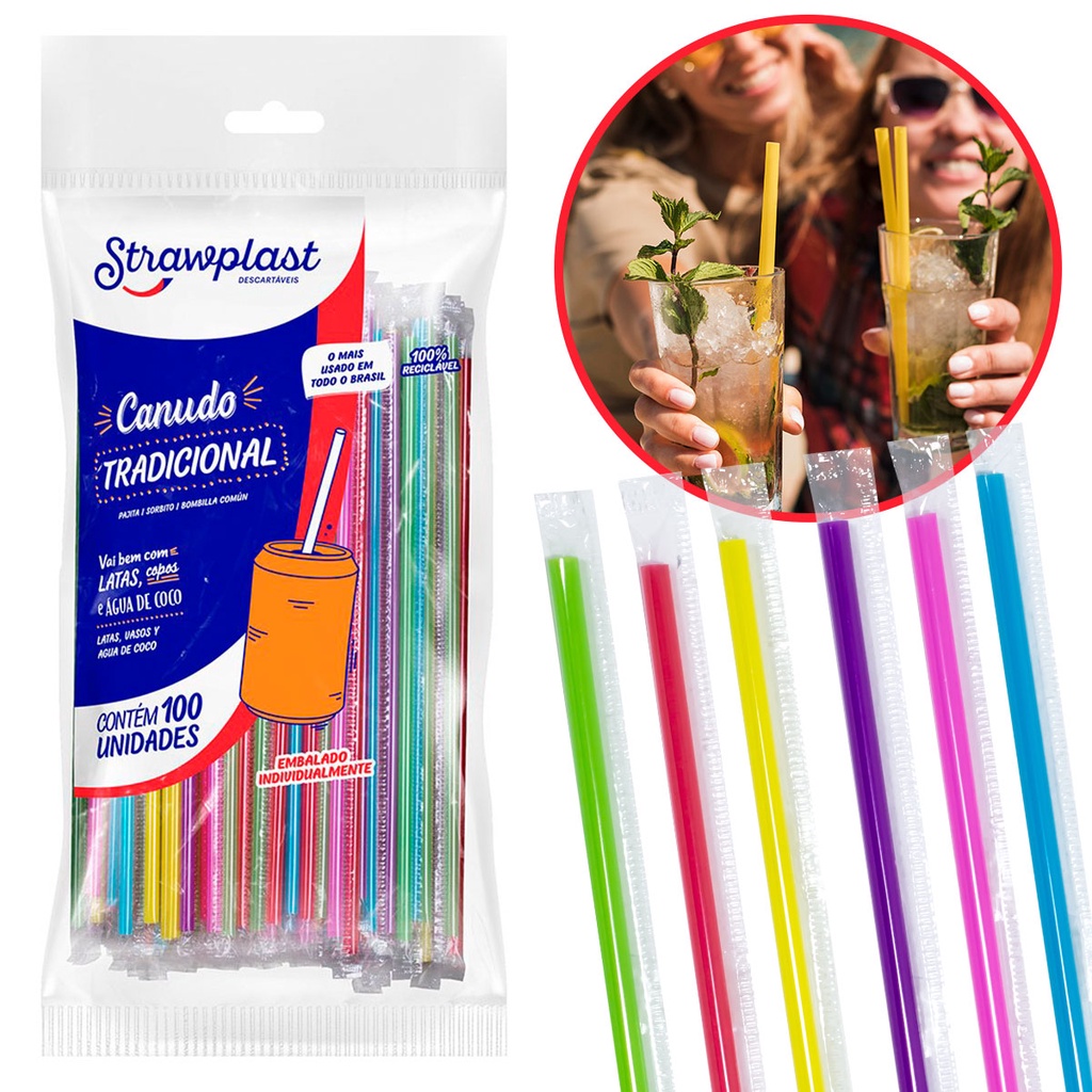 Canudo Plástico Tradicional Colorido Pacote com 100 Unidades – Strawplast – Sachê individual em Oferta na Shopee