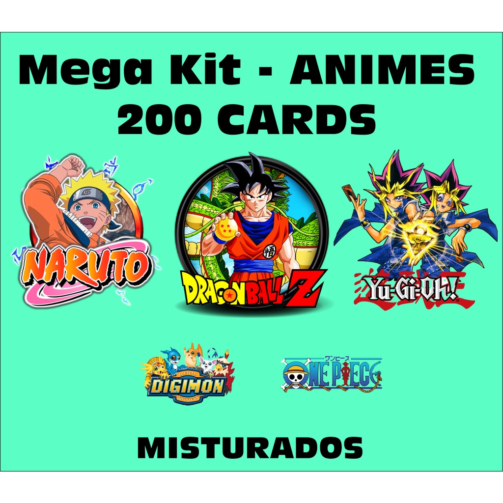 MEGA KIT ANIMES - 200 Cards Misturados (50 pacotes) Naruto, Dragon Ball, Yu-Gi-Oh, Digimon, One Piece