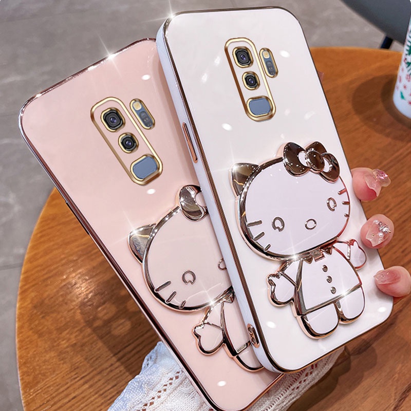 Estojo De Maquiagem Para Telefone Espelhado Samsung Galaxy S8 Plus S8 + S9 S10 + Cute Cat Eletrodeposição Multifuncional INS Folding Shell Criativa