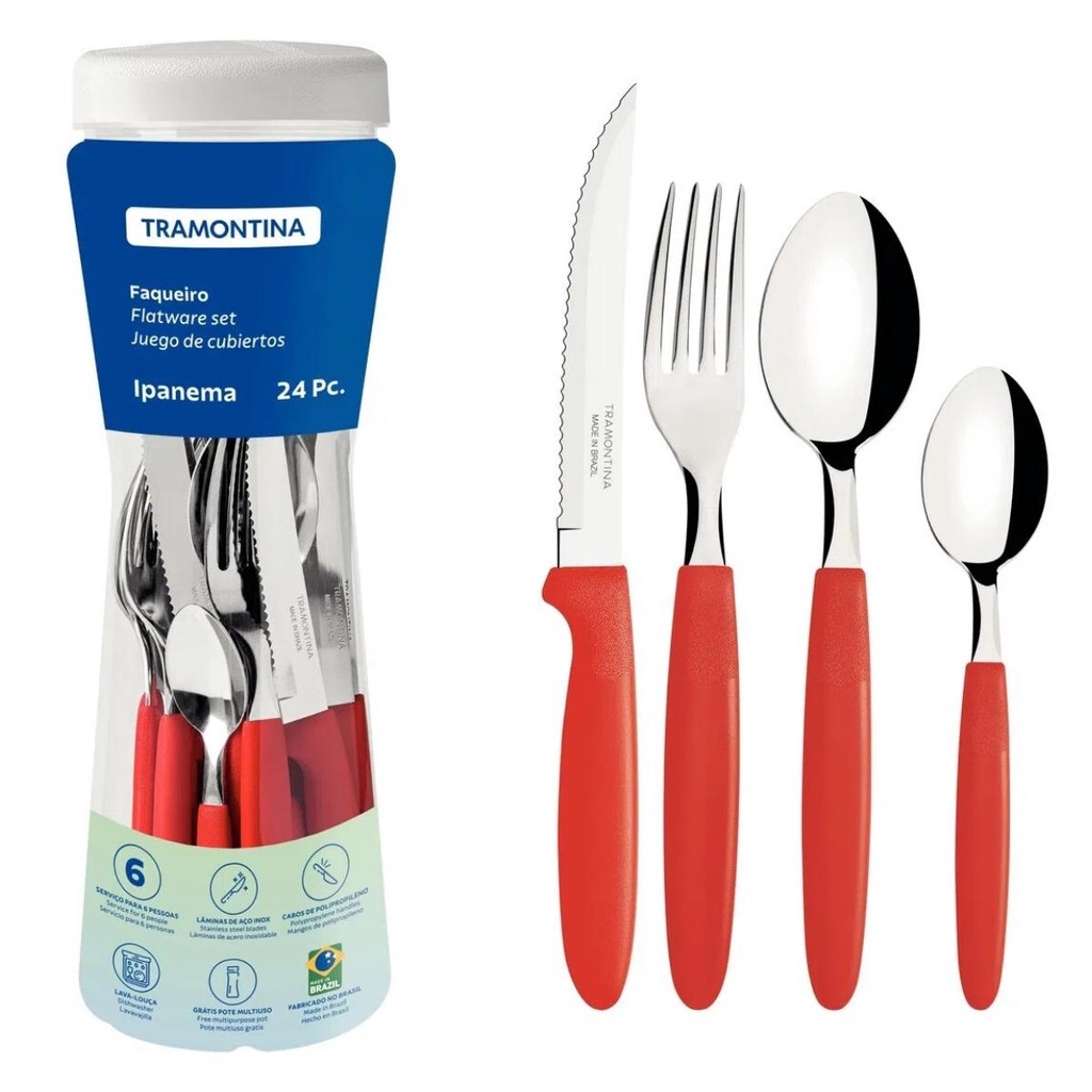 Faqueiro Tramontina Ipanema com Lâminas em Aço Inox Cabos de Polipropileno Vermelho com Pote Plástico 24 Peças 23399791 em Oferta na Shopee