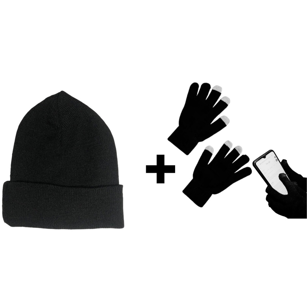 Kit Frio Touca Gorro De Lã Básica E Luva Touch Screen Mexer Celular Tablet Quentinha Inverno Intenso Unissex Adulto