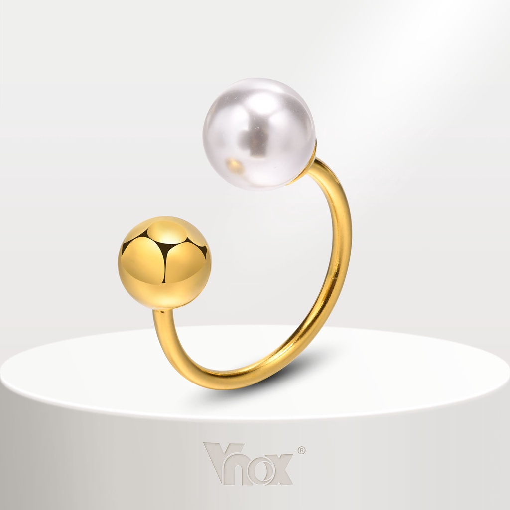 Anel De Abertura Da Bola Pérola Vnox Em Aço Inoxidável , Jóias Femininas Ajustáveis , Design Único Ouro 18K