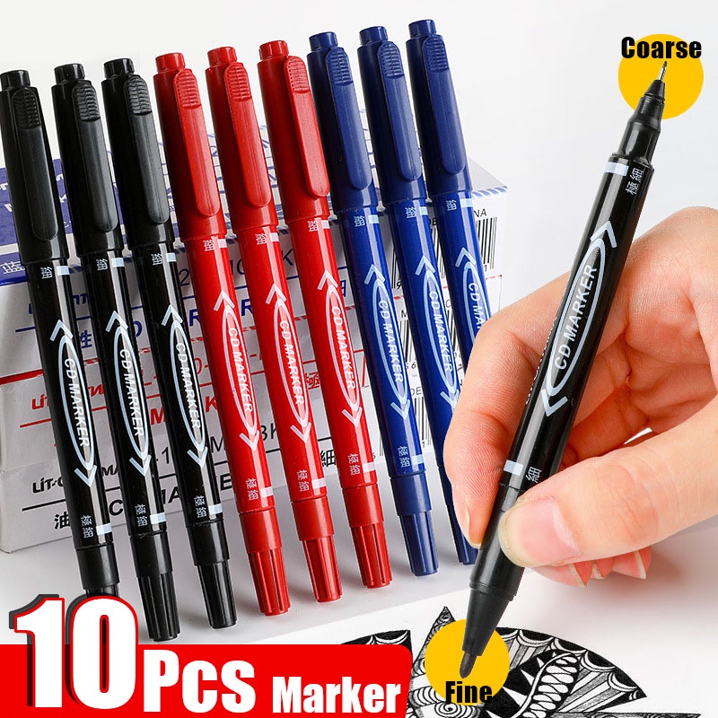 10Pcs Ponta Dupla Marcador Permanente Black/Blue/Red Oil Marker Pen Fine Nid Tinta Papelaria Escola & Material De Escritório em Oferta na Shopee
