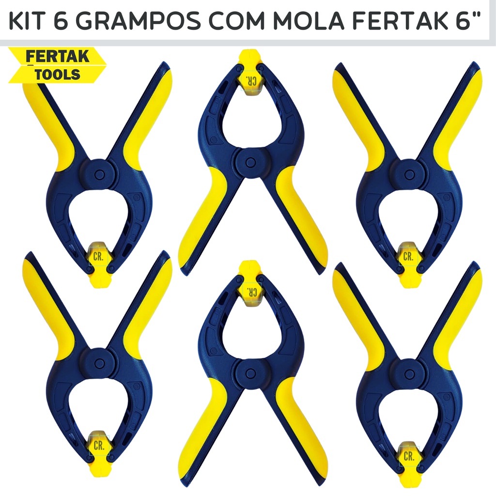 Kit 6 Grampos Com Mola Multiuso Fertak 6" Sargento Grampo Reforçado Para Marceneiro, Serralheiro