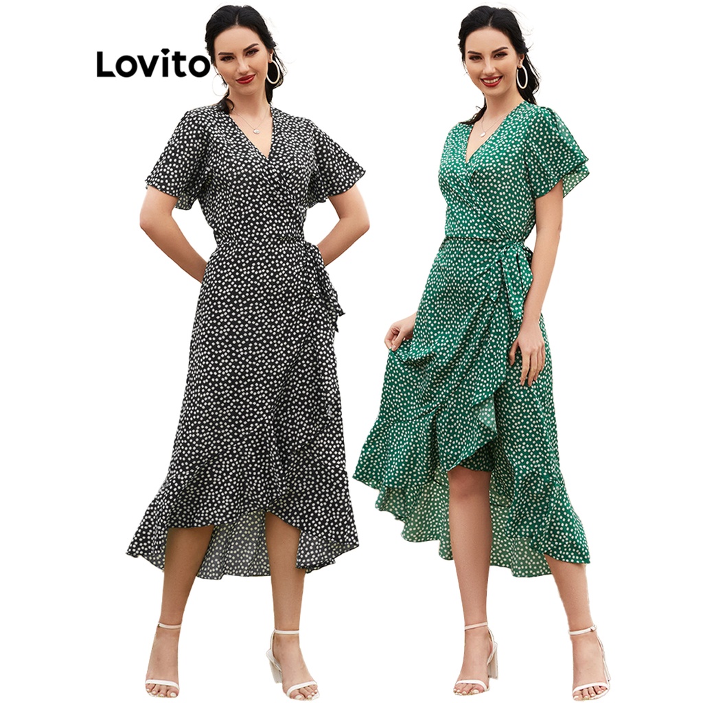 Vestido largo estilo boho para mujer Lovito con estampado floral, escote en V profundo y cordones (Verde/Negro) L12014