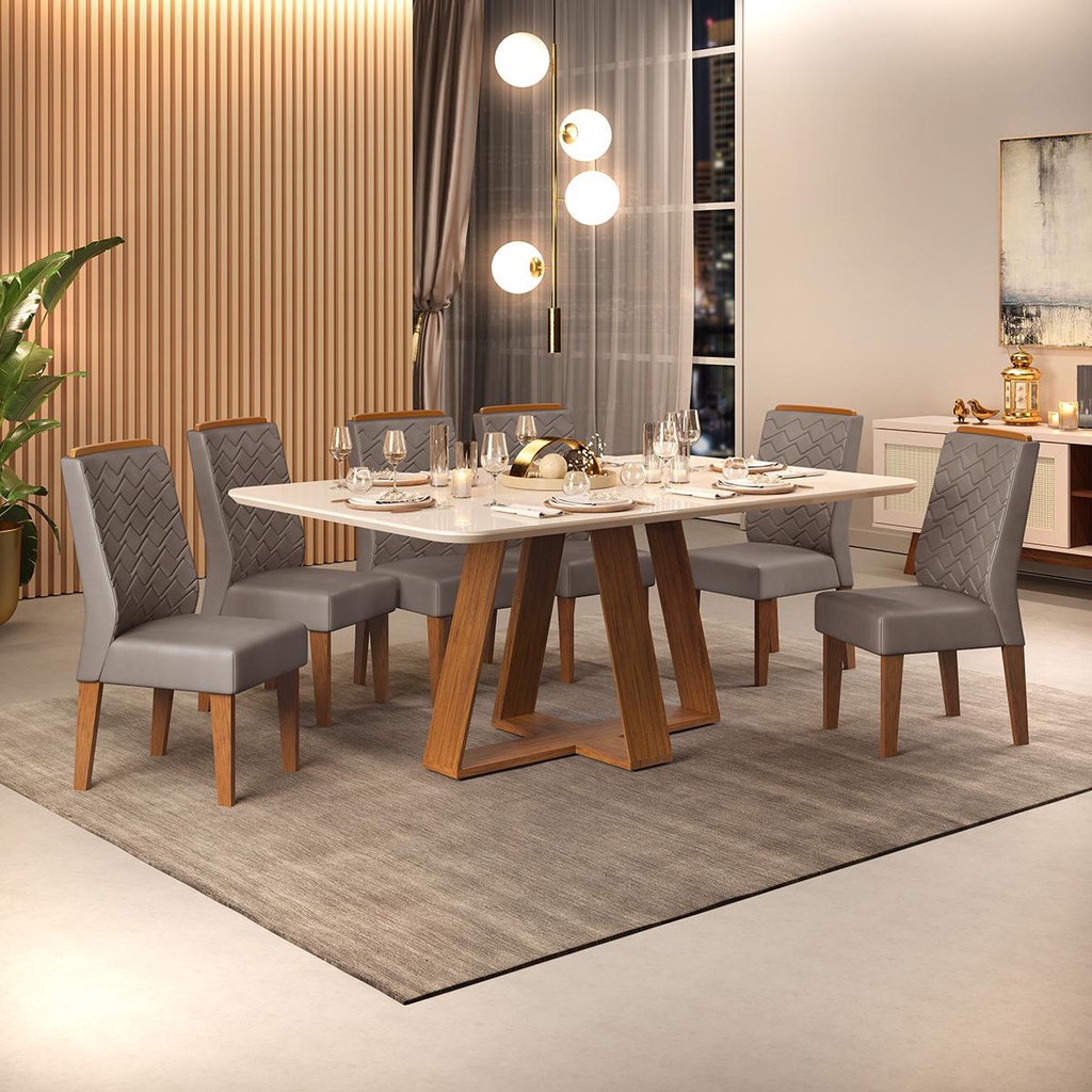 Conjunto de Sala de Jantar 6 Cadeiras Tampo Curvo Dj Moveis Kiara Freijó Lidia Lunar em Oferta na Shopee