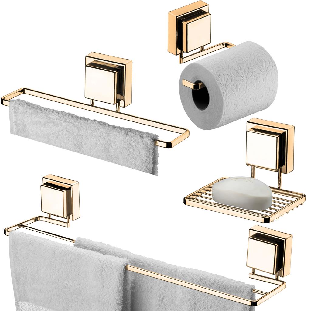 Kit Banheiro Suporta Papel Higienico Papeleira Porta Toalha Duplo Saboneteira Ventosa Dourado Future - Home & Living