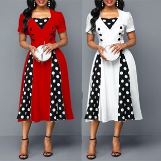 Polka Dot Stitching Retro Linha A Vestido Feminino Casual de Baloiço Grande