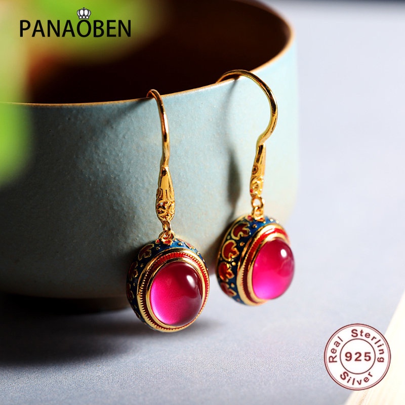 ♥ Clássico Estilo Étnico Natural Carnelian Vintage Padrão Esmalte 925 Brincos De Prata Para Mulheres Ouro Antigo Jóias