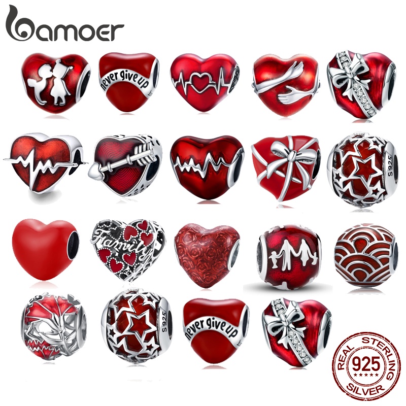 Bamoer 925 Sterling Silver Red Pendants Love Embrace Contas Vintage Para Pulseiras SCC808