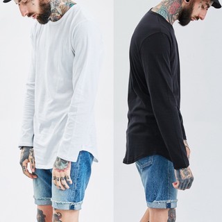 Camiseta Masculina De Outono Casual Cor Sólida Hip Hop Manga Longa Streetwear Camisetas Curva Bainha Roupas Superiores P