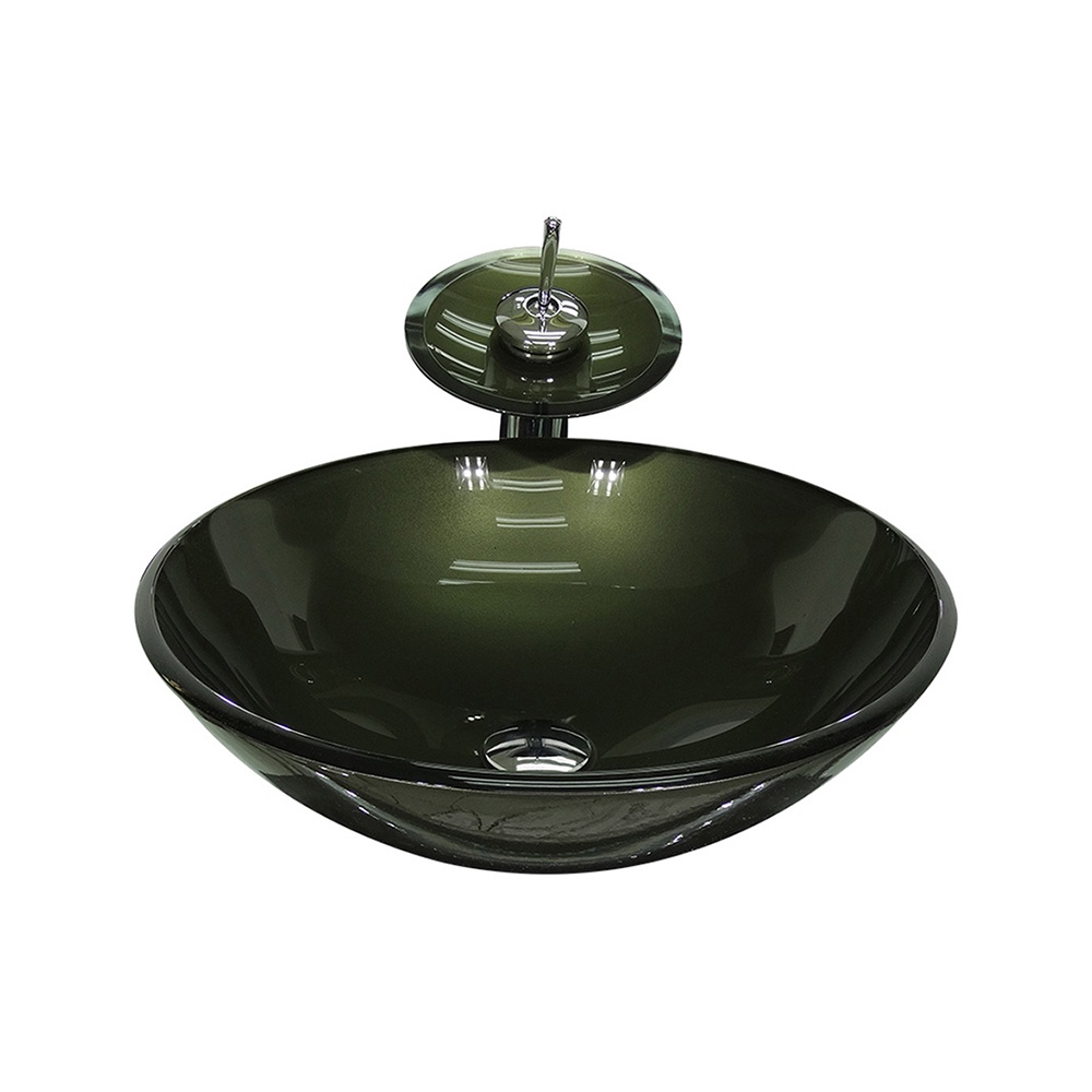 CUBA DE VIDRO REDONDA 31CM OURO ENVELHECIDO + VALVULA + TORNEIRA CASCATA
