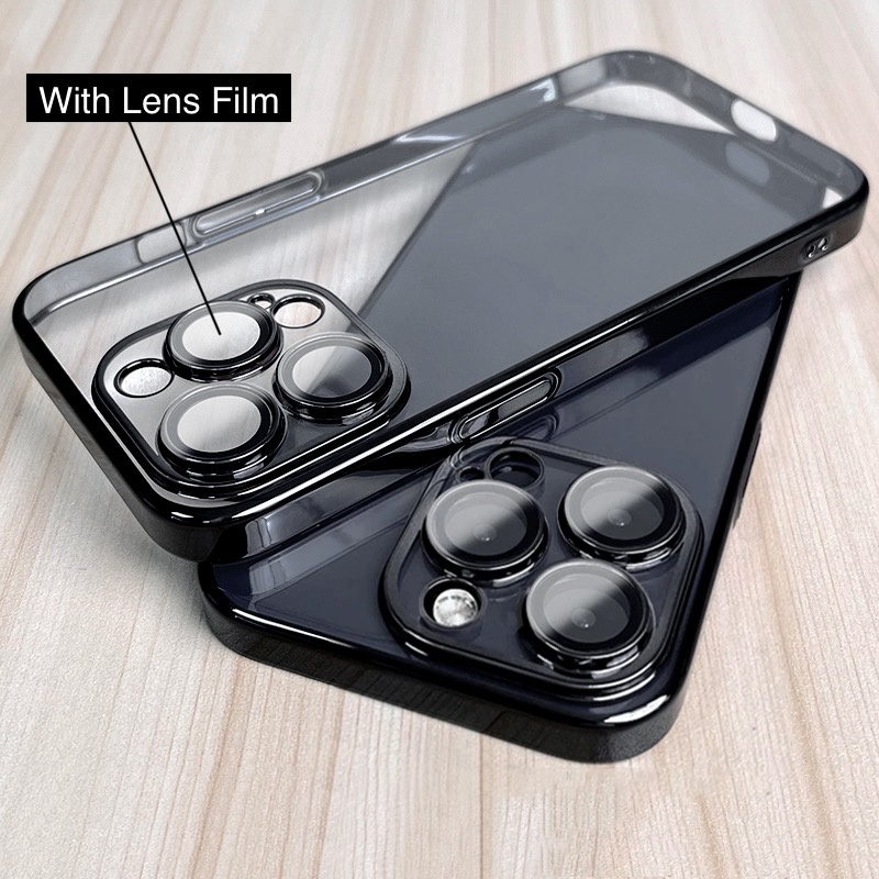 Luxo Chapeamento PC Caso Transparente Para iPhone 15 14 11 12 13 Pro 16 Max Lente Proteger Capa