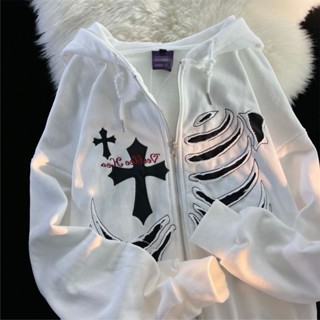 S-5XL Nova Moda Hip Hop Estilo Americano High Street Loose Top Cross Skull Impressão Zipper Hoodie Mulher Harajuku Y2K Camiseta De Tamanho Superior