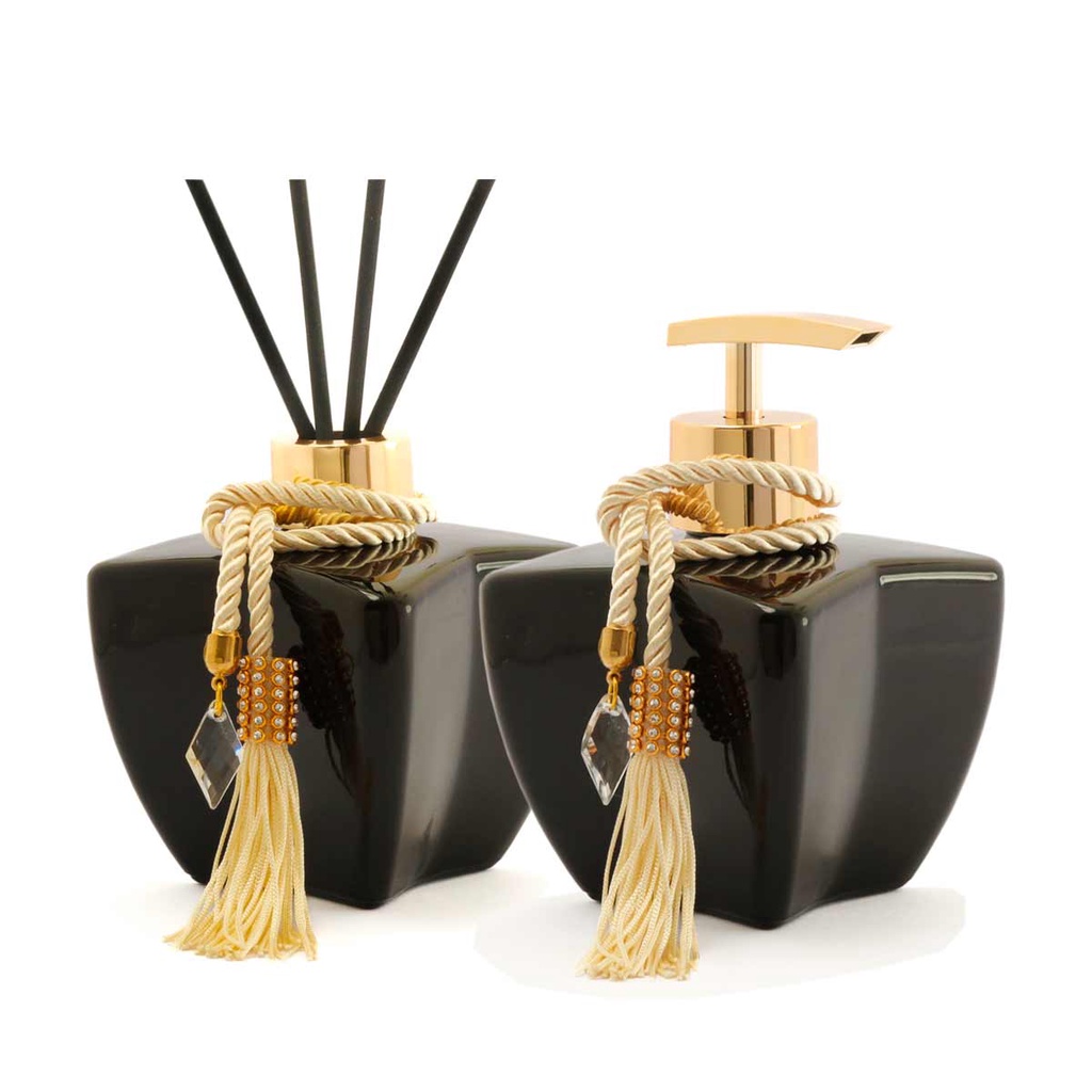 Kit Banheiro Vidros Estrela Preto Brilhante Difusor Saboneteira Luxo
