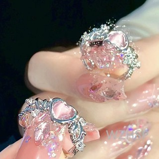 Anel Coração Rosa Doce E Elegante Com Acentos De Olho De Gato rhinestone