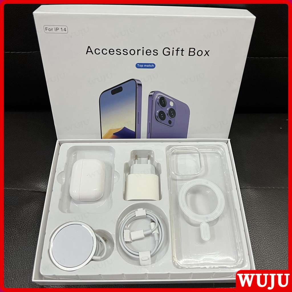 WUJU [Conjunto de 5] 5 peças acessórios gift box airpods pro cabo carregador sem fio magsafe para apple iphone 11 12 13 14 15 Pro Max XR X 7 8 Plus