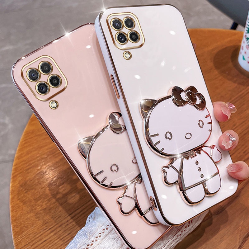 Capa Celular Samsung Galaxy A14 A12 A54 M12 F12 A22 4G 5G M22 M23 4G A42 M42 M53 Olá kitty Com Suporte De Espelho De Maquiagem Macaron Proteção De Câmera De Luxo