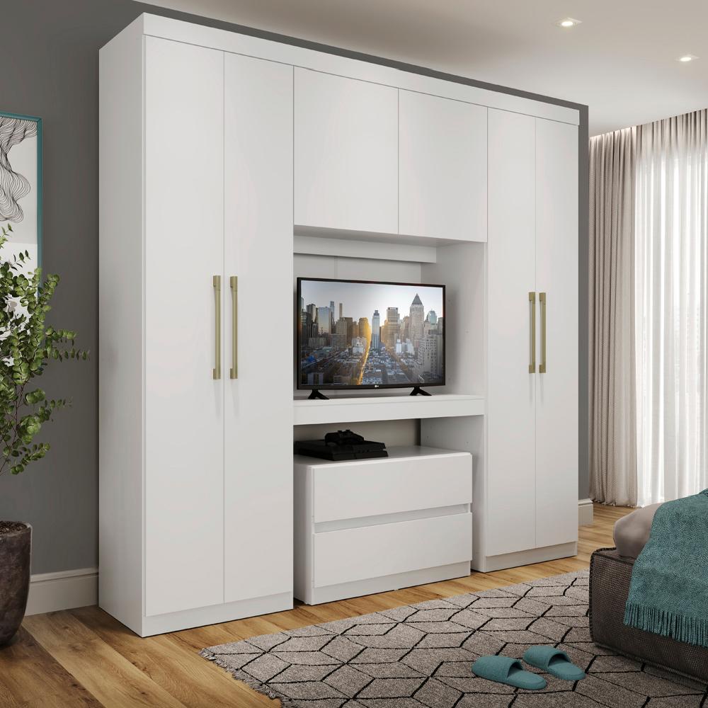 Guarda Roupa Solteiro 6 Portas 2 Gavetas Porto Branco com Painel de TV Carraro em Oferta na Shopee