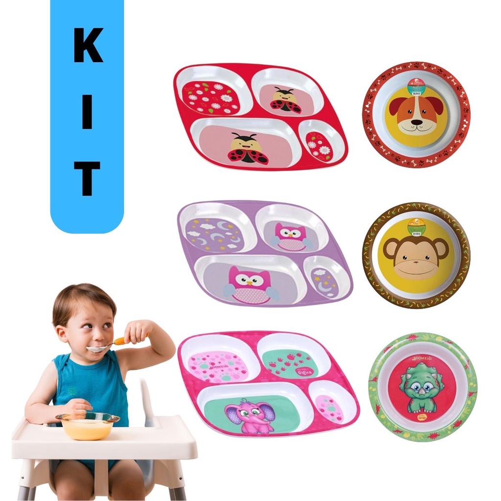 Kit Refeição Infantil Bebe Prato com Divisoria Tigela Bowl Criança