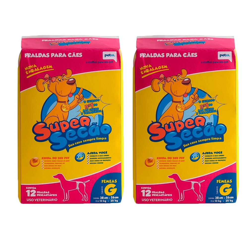 Kit com 2 Fraldas Descartáveis Super Secão Cães Fêmeas 12 Unidades Tam G em Oferta na Shopee