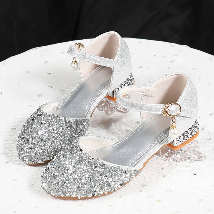 Meninas sapatos de princesa neve branca sola macia desempenho sapatos de couro crianças salto alto meninas prata vestido