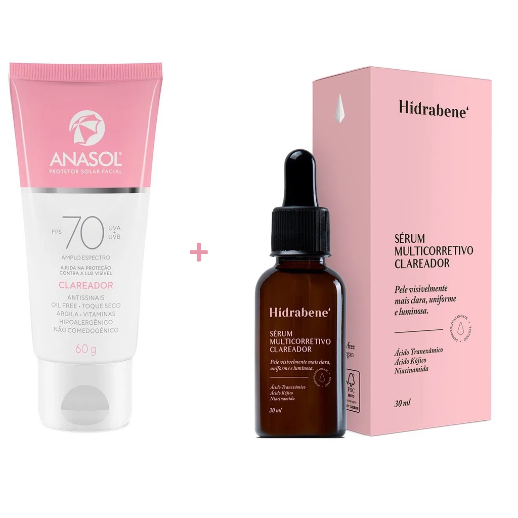 Kit Clareador de Manchas de Pele e Proteção 1 Protetor Solar Facial 70 Clareador Anasol  + 1 Sérum Clareador Hidrabene