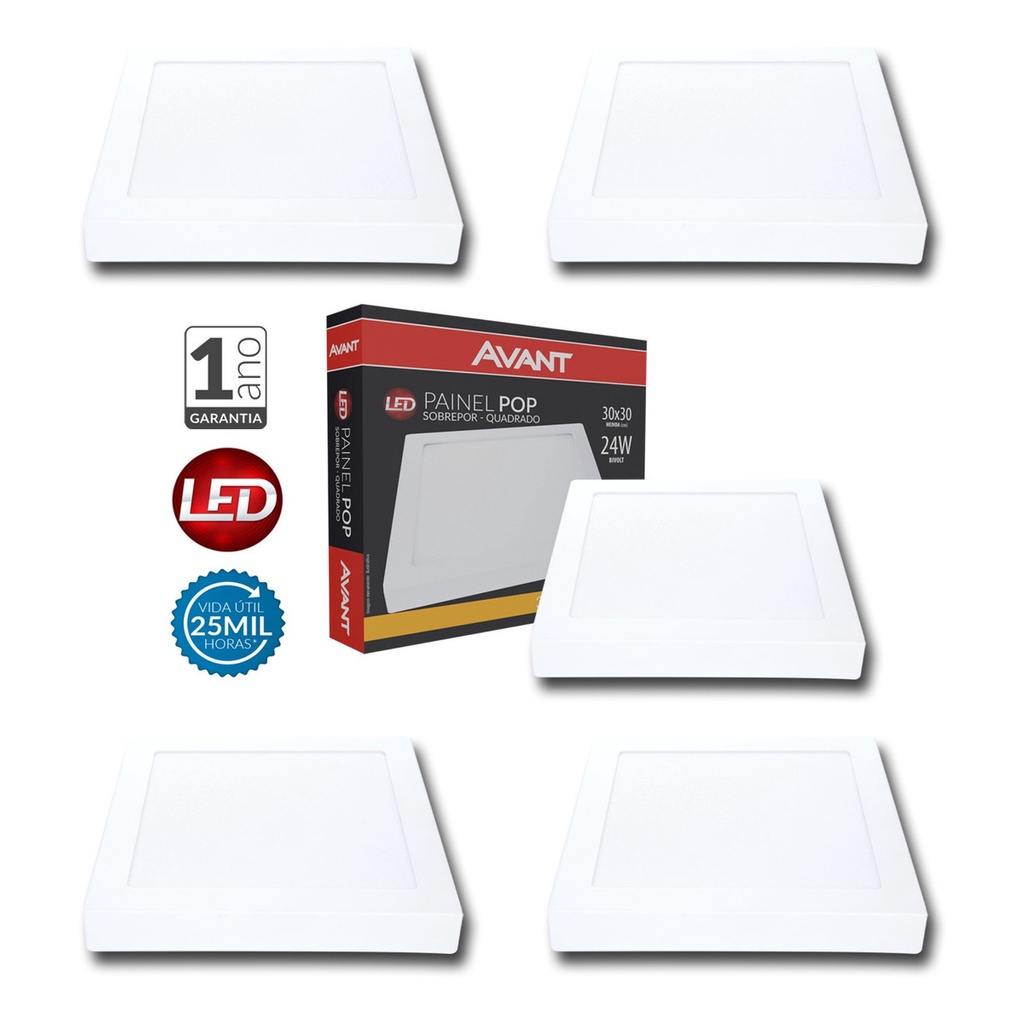 5 Painel Sobrepor Quadrado Luz Amarela 3000K Bivolt 24w Led