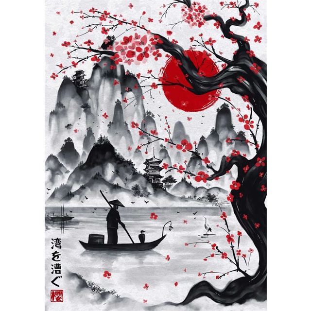 Quadro Decorativo Samurai Sakura Guerreiro, decoração, Lagoa, Barco, cerejeira, montanha, lua