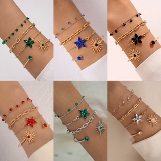4pcs/set Vintage Colorful Rhinestone Flower Pulseiras Multilayer Para Mulheres Sunflower Abertura Bangle Jewelry Acessórios