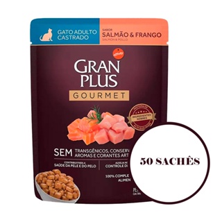 Kit 50 Rações Úmidas Gran Plus Sachê Gatos Gourmet Castrados Salmão e Frango 85g em Oferta na Shopee