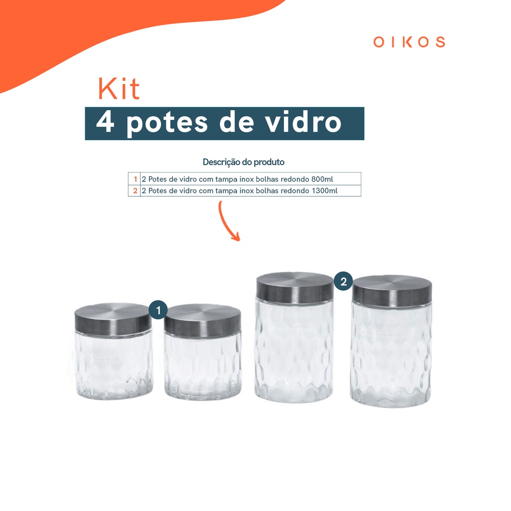 Detalhes do Kit 4 potes de vidro com tampa inox bolhas redondo 800ml e 1300ml - Mozcada