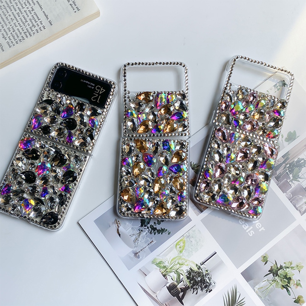 Linda Glitter Colorful Rhinestones Retro Diamond Rhombus Caixa Para Samsung Galaxy Z Flip 3 4 5 5G Flip3 Zflip3 Flip4 Zflip4 Flip5 Zflip5 Luxo Bling Splints Tampa Traseira Da Moldura