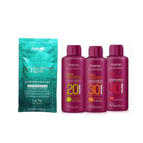 Kit descoloração Pó Descolorante Queratina e Silicone 50g Amend + Água Oxigenada 75ml Amend